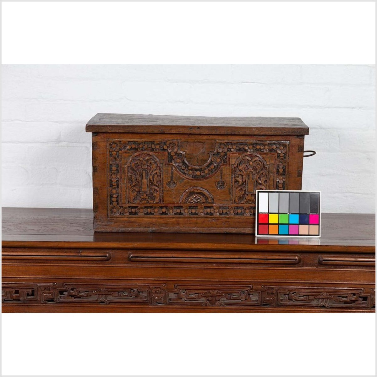 Antique Indonesian Decorative Wooden Box with Carved Flowers and Architecture-4. Asian & Chinese Furniture, Art, Antiques, Vintage Home Décor for sale at FEA Home