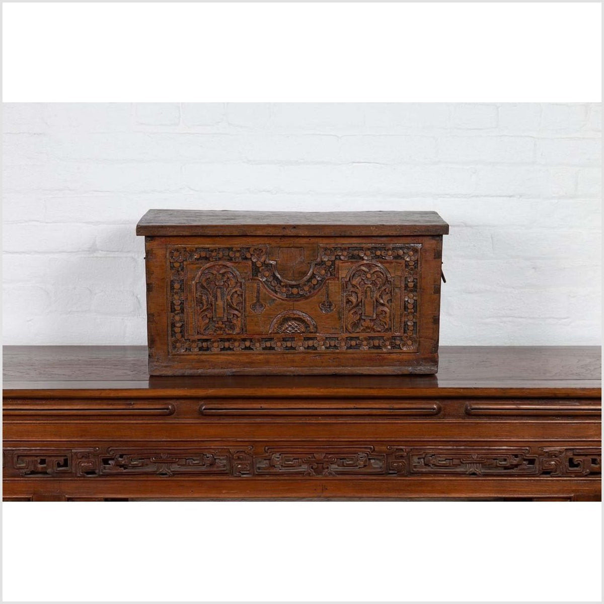 Antique Indonesian Decorative Wooden Box with Carved Flowers and Architecture-5. Asian & Chinese Furniture, Art, Antiques, Vintage Home Décor for sale at FEA Home