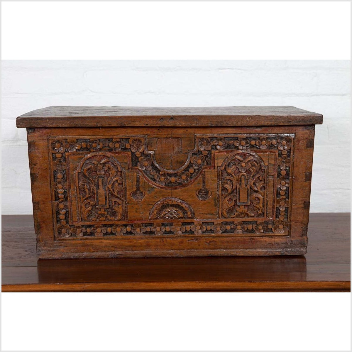 Antique Indonesian Decorative Wooden Box with Carved Flowers and Architecture-6. Asian & Chinese Furniture, Art, Antiques, Vintage Home Décor for sale at FEA Home
