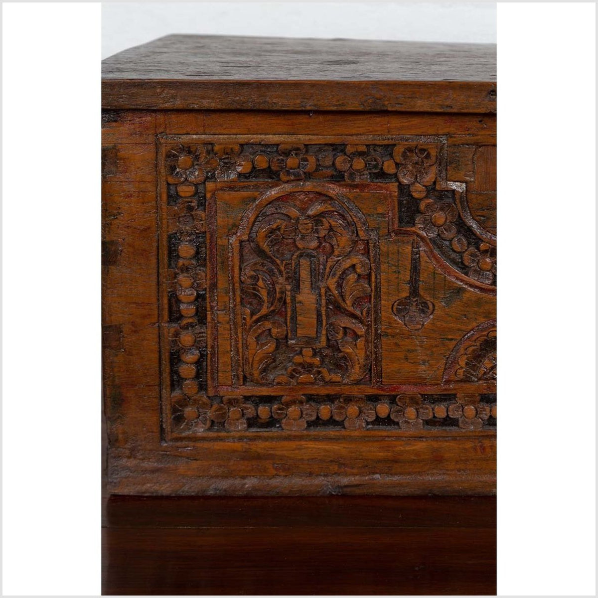 Antique Indonesian Decorative Wooden Box with Carved Flowers and Architecture-7. Asian & Chinese Furniture, Art, Antiques, Vintage Home Décor for sale at FEA Home