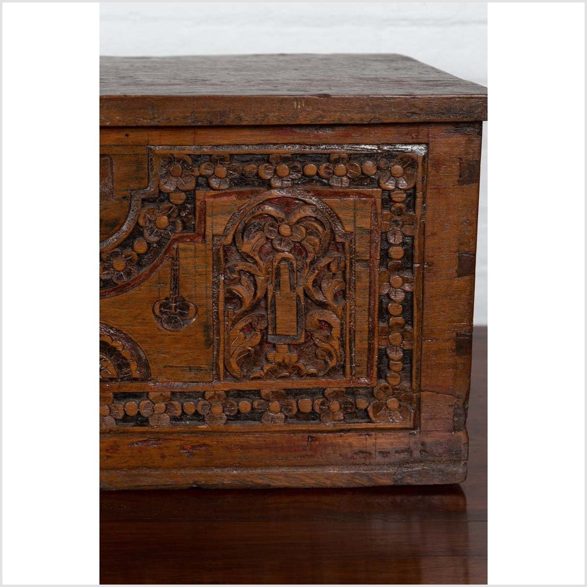 Antique Indonesian Decorative Wooden Box with Carved Flowers and Architecture-8. Asian & Chinese Furniture, Art, Antiques, Vintage Home Décor for sale at FEA Home