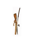 Brown wooden antique Indonesian sword with hand-carved animal detail on scabbard, displayed in full view.