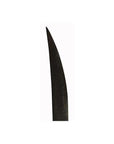 Close-up of a dark metal Indonesian sword with a curved hand-made blade and sharp point on white background.