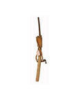 Brown wooden stick with attached rope, resembling an antique Indonesian sword scabbard, isolated on white background.