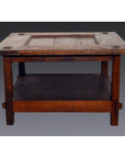 Brown wooden Indonesian antique table with rectangular top, lower shelf, and coffee design on gray background.