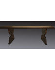 Brown wooden Japanese antique desk with rectangular top and two thick legs, displayed against a gradient gray background.
