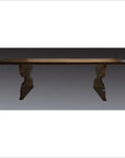 Brown wooden Japanese antique desk with rectangular top and two thick legs, displayed against a gradient gray background.