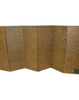 Gold gilt Japanese screen with geometric design, six panels, visible corner wear.