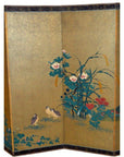 Gold gilt rice paper Japanese 6-panel screen with painted flowers, tall grass, and two birds, Taisho period.