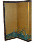 Gold gilt Japanese screen with six Taisho panels, floral and green foliage motifs, dark patterned border, front view.