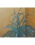 Gold Japanese gilt screen with blue-green leafy plants and yellow flowers on rice paper, 6-panel, Taisho era.