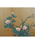 Gold and pink painted rice paper screen with 6 panels, featuring green leaves and flowers, gilded accents.