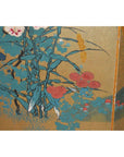 Blue-green and red-white flowers with leaves on gilt rice paper, 6-panel Japanese screen, antique style.