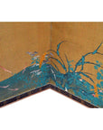Gold rice paper screen with tall green plants and yellow and pink flowers, Japanese antique decor.