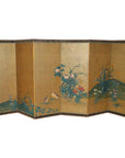 Gold gilt Japanese screen with painted birds, flowers, and greenery on rice paper framed by a decorative border.