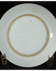 White and blue ceramic Japanese Igezara transferware plate with slightly worn base on a metal stand.