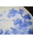 Close-up of blue porcelain Japanese Igezara transferware plate with floral and tree branch pattern, Meiji Period style.