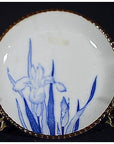 Blue and white ceramic Igezara transferware plate with iris design on ornate metal stand, dark background.