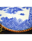 Close-up of a blue and white ceramic Japanese Igezara transferware plate with intricate patterns, on a display stand.