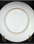Blue and white porcelain Japanese Igezara transferware plate on a gold stand against a dark background.