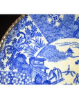Close-up of blue and white porcelain Igezara plate with antique floral designs, Japanese transferware style.
