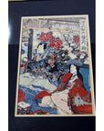Colorful paper woodblock print, Meiji Period, showing two women in traditional dress with ornate floral background.