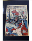 Colorful paper woodblock print, Meiji Period, showing two women in traditional dress with ornate floral background.