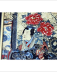 Color woodblock print of a figure in ornate attire with large red flowers, Meiji Period Japanese antique art.
