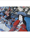 Color woodblock print of woman in red kimono with floral headdress, Meiji Period, vivid patterned background.