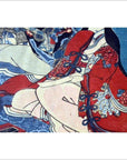 Close-up of person in red floral-patterned kimono, antique Japanese woodblock print, Meiji period.