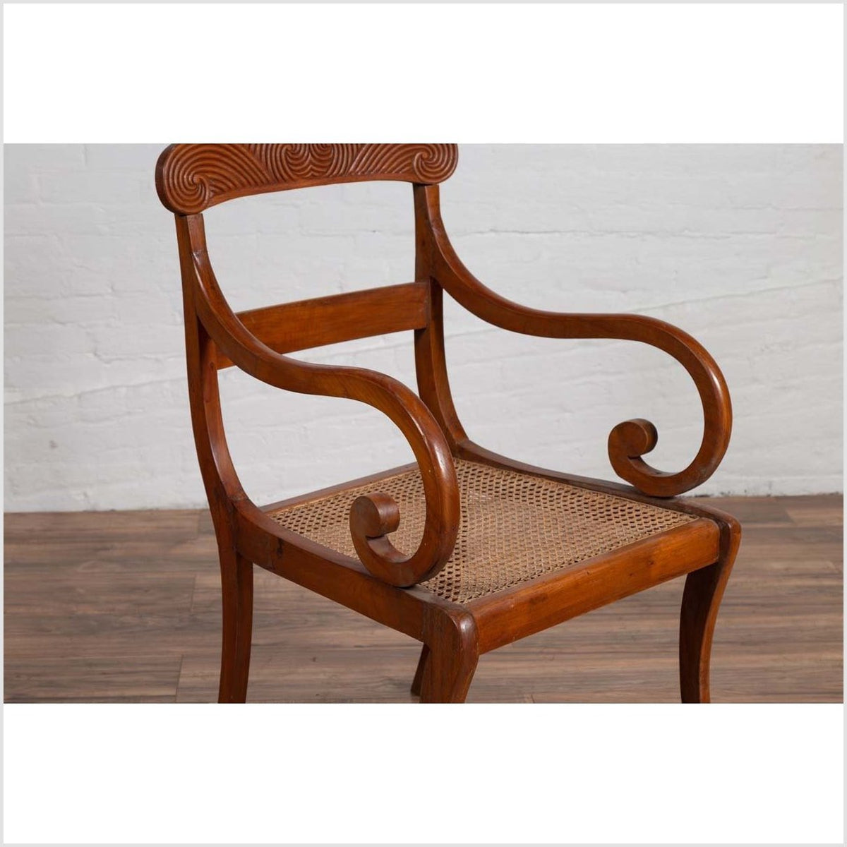 Antique Javanese Wooden Armchair with Carved Back, Curving Arms and Rattan Seat-11. Asian & Chinese Furniture, Art, Antiques, Vintage Home Décor for sale at FEA Home