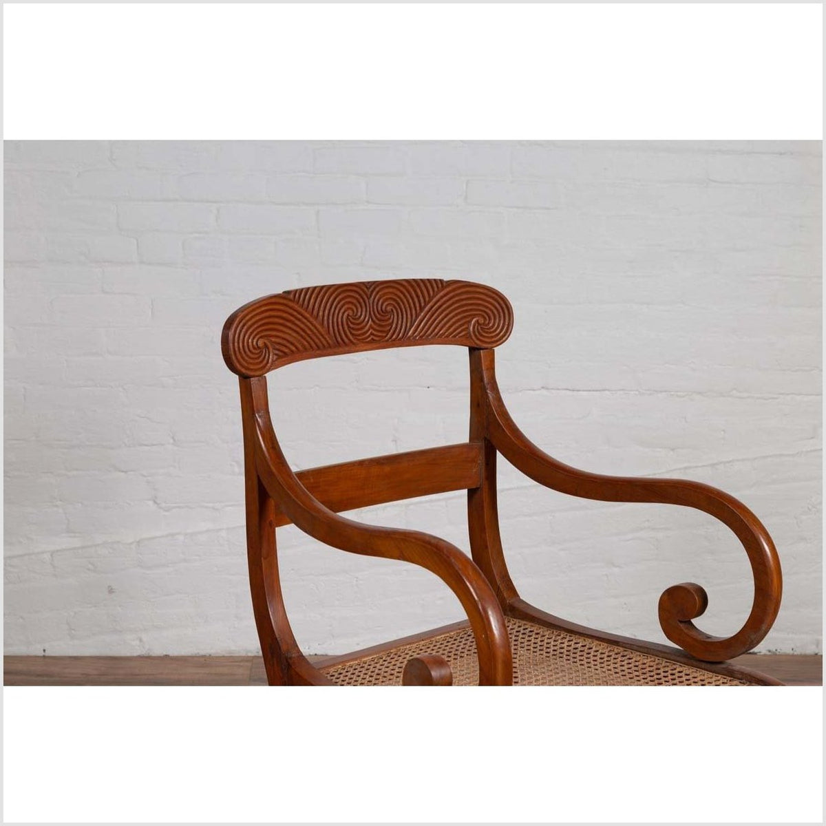 Antique Javanese Wooden Armchair with Carved Back, Curving Arms and Rattan Seat-12. Asian & Chinese Furniture, Art, Antiques, Vintage Home Décor for sale at FEA Home