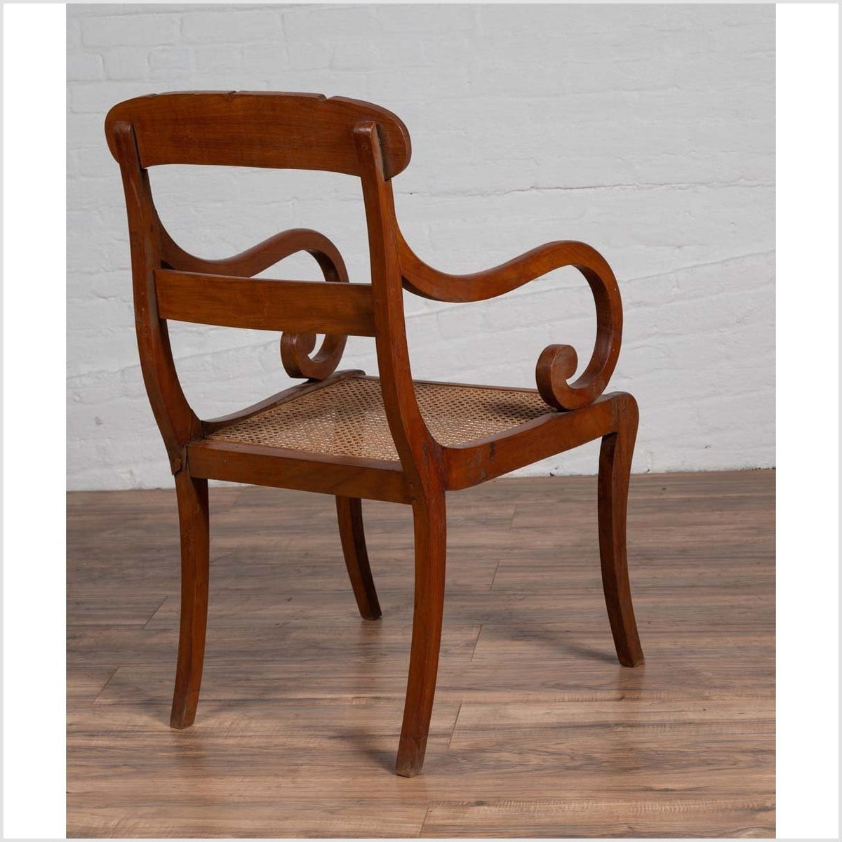 Antique Javanese Wooden Armchair with Carved Back, Curving Arms and Rattan Seat-13. Asian & Chinese Furniture, Art, Antiques, Vintage Home Décor for sale at FEA Home