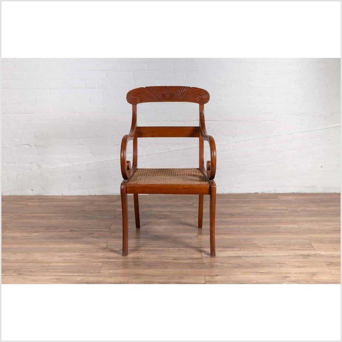 Antique Javanese Wooden Armchair with Carved Back, Curving Arms and Rattan Seat-5. Asian & Chinese Furniture, Art, Antiques, Vintage Home Décor for sale at FEA Home