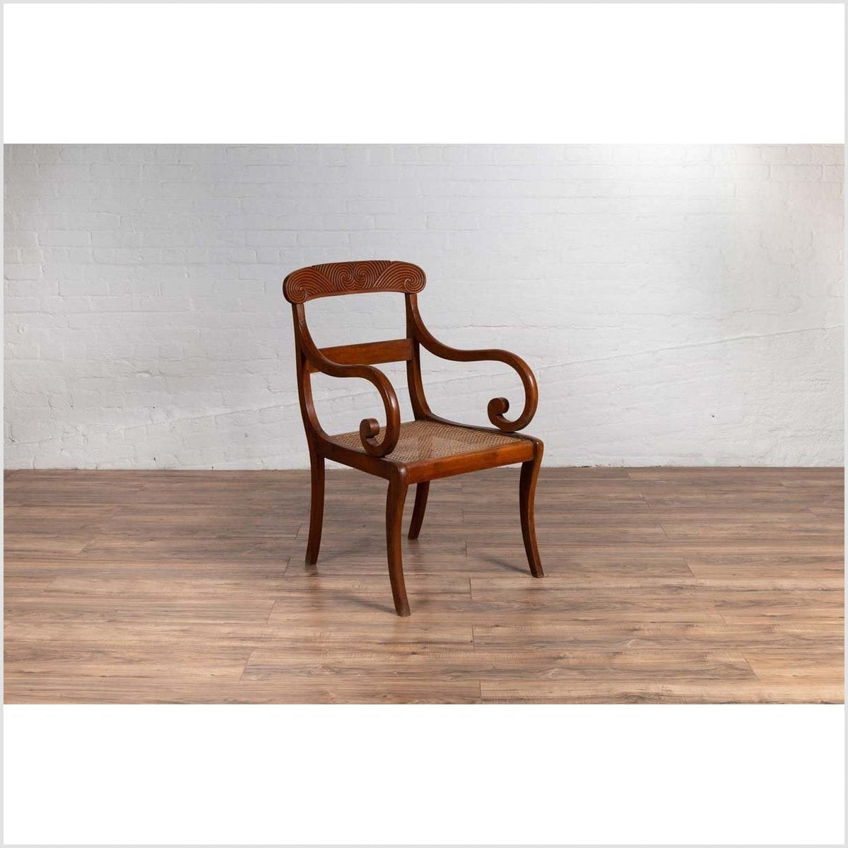 Antique Javanese Wooden Armchair with Carved Back, Curving Arms and Rattan Seat-10. Asian & Chinese Furniture, Art, Antiques, Vintage Home Décor for sale at FEA Home