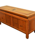 Brown wood Low Kang Chinese chest with brass hardware, drawers, and doors, inspired by rustic 19th-century design.
