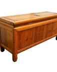 Brown wood antique Chinese Kang chest with drawers, doors, brass hardware against a plain white background.