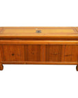 Brown wood Chinese Low Kang chest with drawers, doors, brass hardware, flat lid, and short legs.