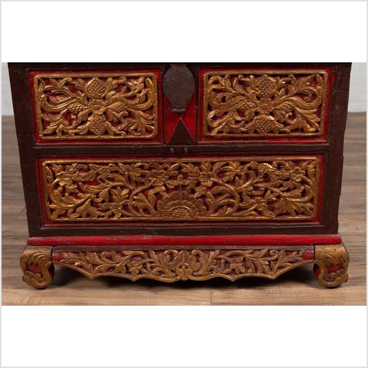 Antique Madura Hand Carved Wooden Blanket Chest with Red, Brown and Gilt Accents-12. Asian & Chinese Furniture, Art, Antiques, Vintage Home Décor for sale at FEA Home