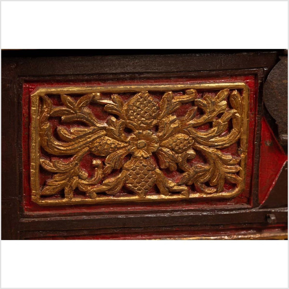 Antique Madura Hand Carved Wooden Blanket Chest with Red, Brown and Gilt Accents-13. Asian & Chinese Furniture, Art, Antiques, Vintage Home Décor for sale at FEA Home
