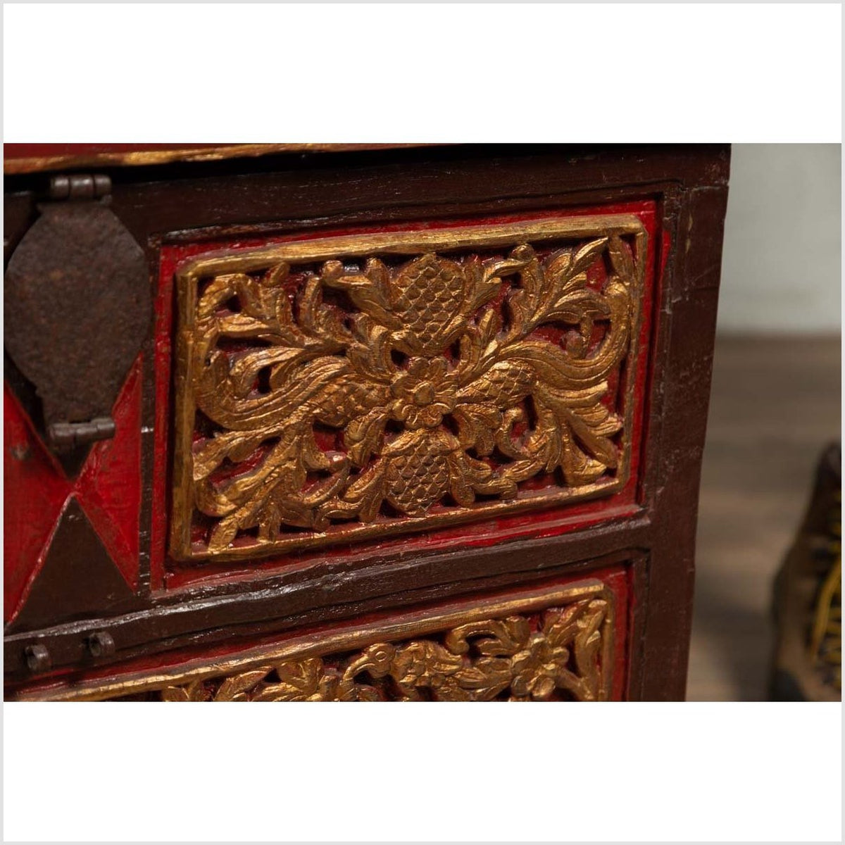 Antique Madura Hand Carved Wooden Blanket Chest with Red, Brown and Gilt Accents-14. Asian & Chinese Furniture, Art, Antiques, Vintage Home Décor for sale at FEA Home