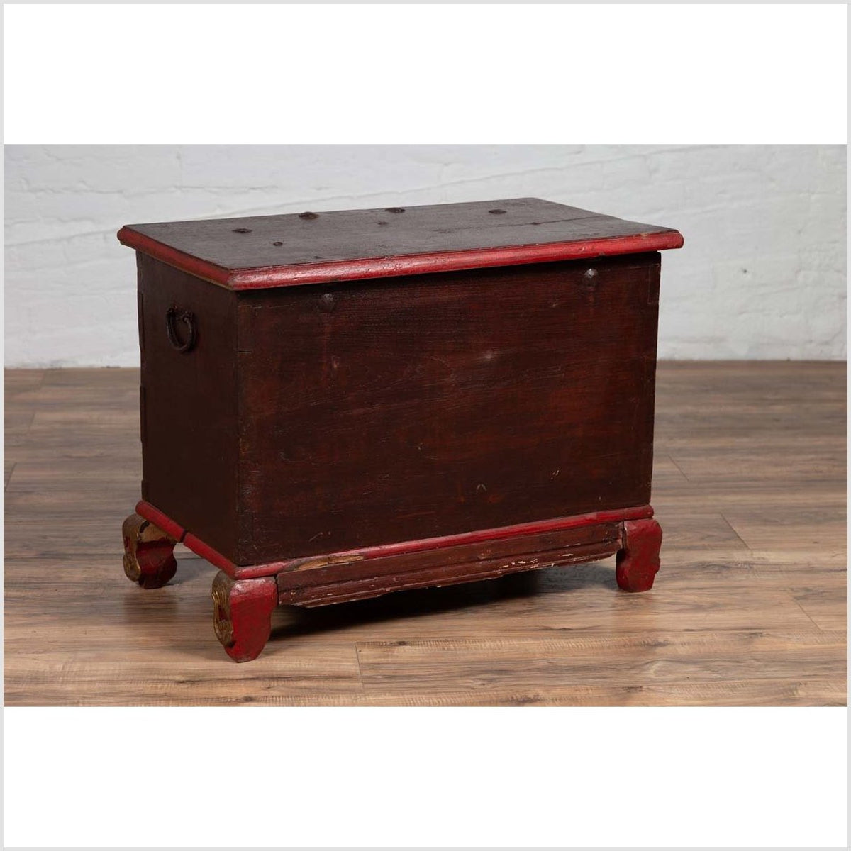 Antique Madura Hand Carved Wooden Blanket Chest with Red, Brown and Gilt Accents-16. Asian & Chinese Furniture, Art, Antiques, Vintage Home Décor for sale at FEA Home