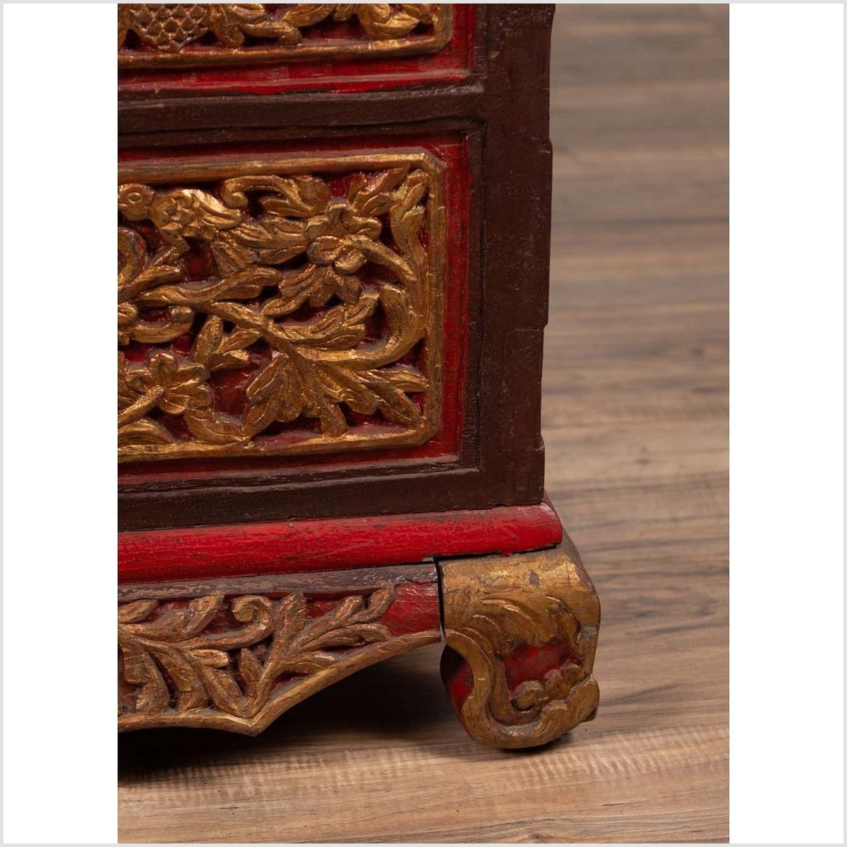 Antique Madura Hand Carved Wooden Blanket Chest with Red, Brown and Gilt Accents-17. Asian & Chinese Furniture, Art, Antiques, Vintage Home Décor for sale at FEA Home