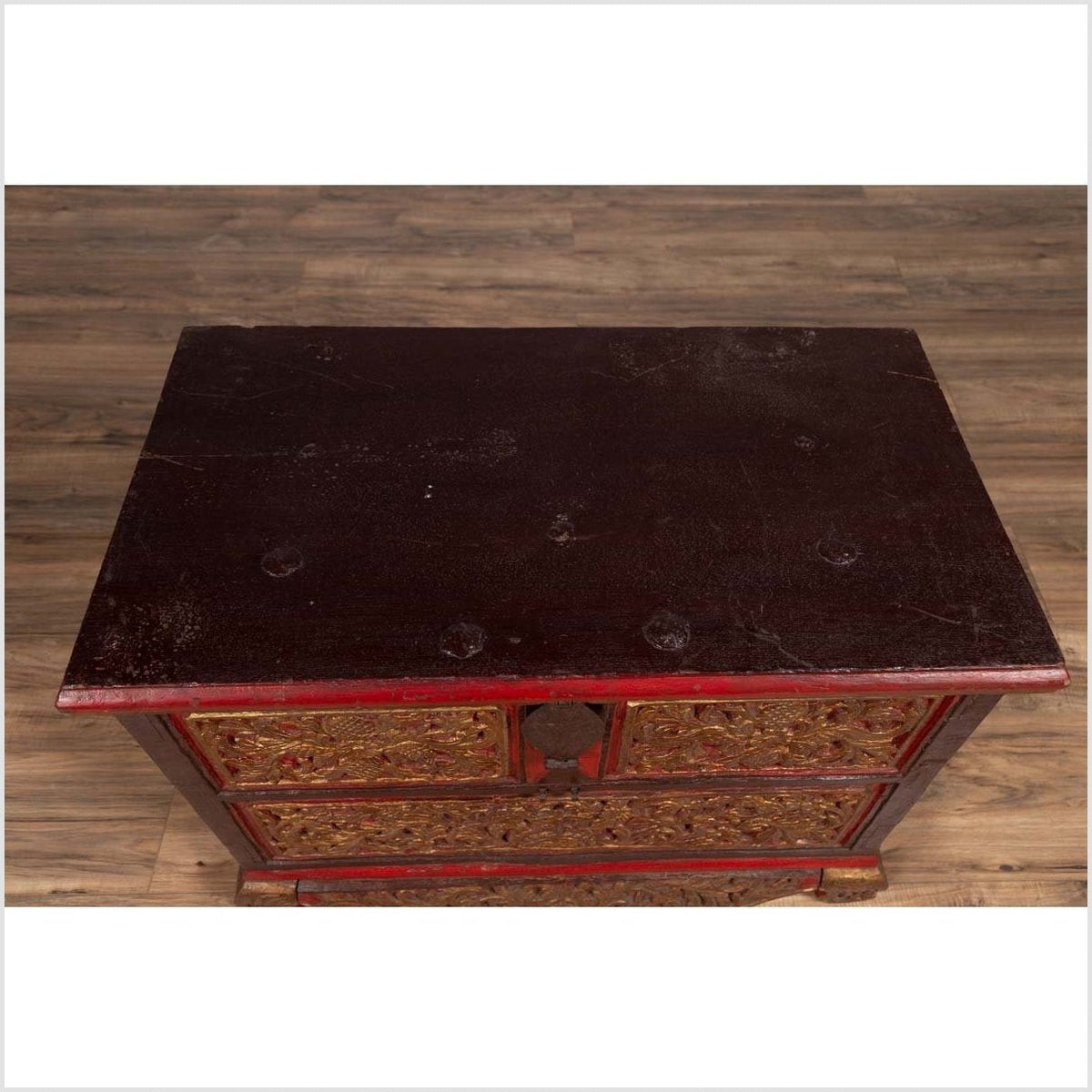 Antique Madura Hand Carved Wooden Blanket Chest with Red, Brown and Gilt Accents-18. Asian & Chinese Furniture, Art, Antiques, Vintage Home Décor for sale at FEA Home
