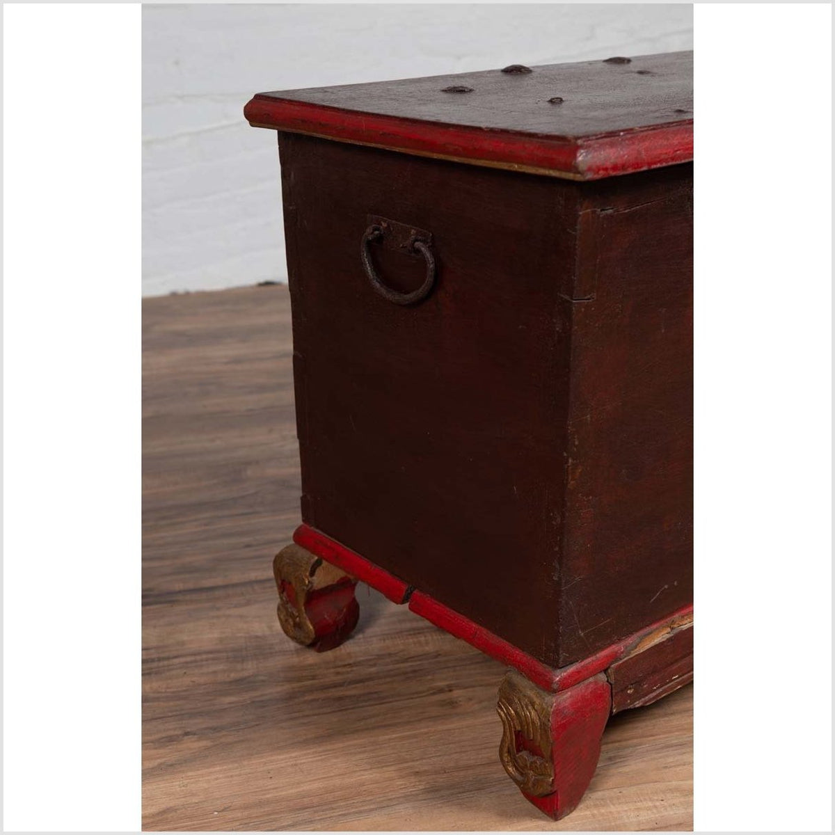 Antique Madura Hand Carved Wooden Blanket Chest with Red, Brown and Gilt Accents-19. Asian & Chinese Furniture, Art, Antiques, Vintage Home Décor for sale at FEA Home