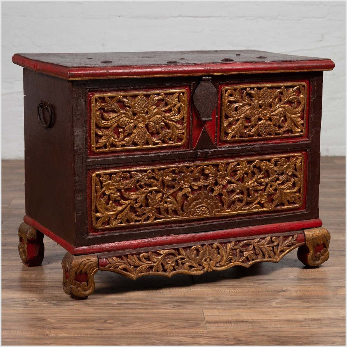 Antique Madura Hand Carved Wooden Blanket Chest with Red, Brown and Gilt Accents-20. Asian & Chinese Furniture, Art, Antiques, Vintage Home Décor for sale at FEA Home