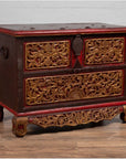 Antique Madura Hand Carved Wooden Blanket Chest with Red, Brown and Gilt Accents-20. Asian & Chinese Furniture, Art, Antiques, Vintage Home Décor for sale at FEA Home
