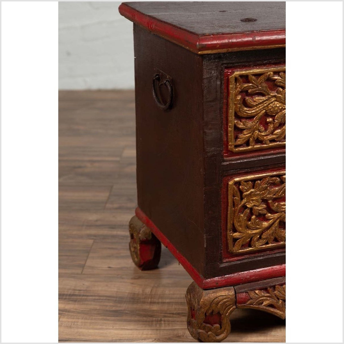 Antique Madura Hand Carved Wooden Blanket Chest with Red, Brown and Gilt Accents-4. Asian & Chinese Furniture, Art, Antiques, Vintage Home Décor for sale at FEA Home