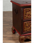 Antique Madura Hand Carved Wooden Blanket Chest with Red, Brown and Gilt Accents-4. Asian & Chinese Furniture, Art, Antiques, Vintage Home Décor for sale at FEA Home