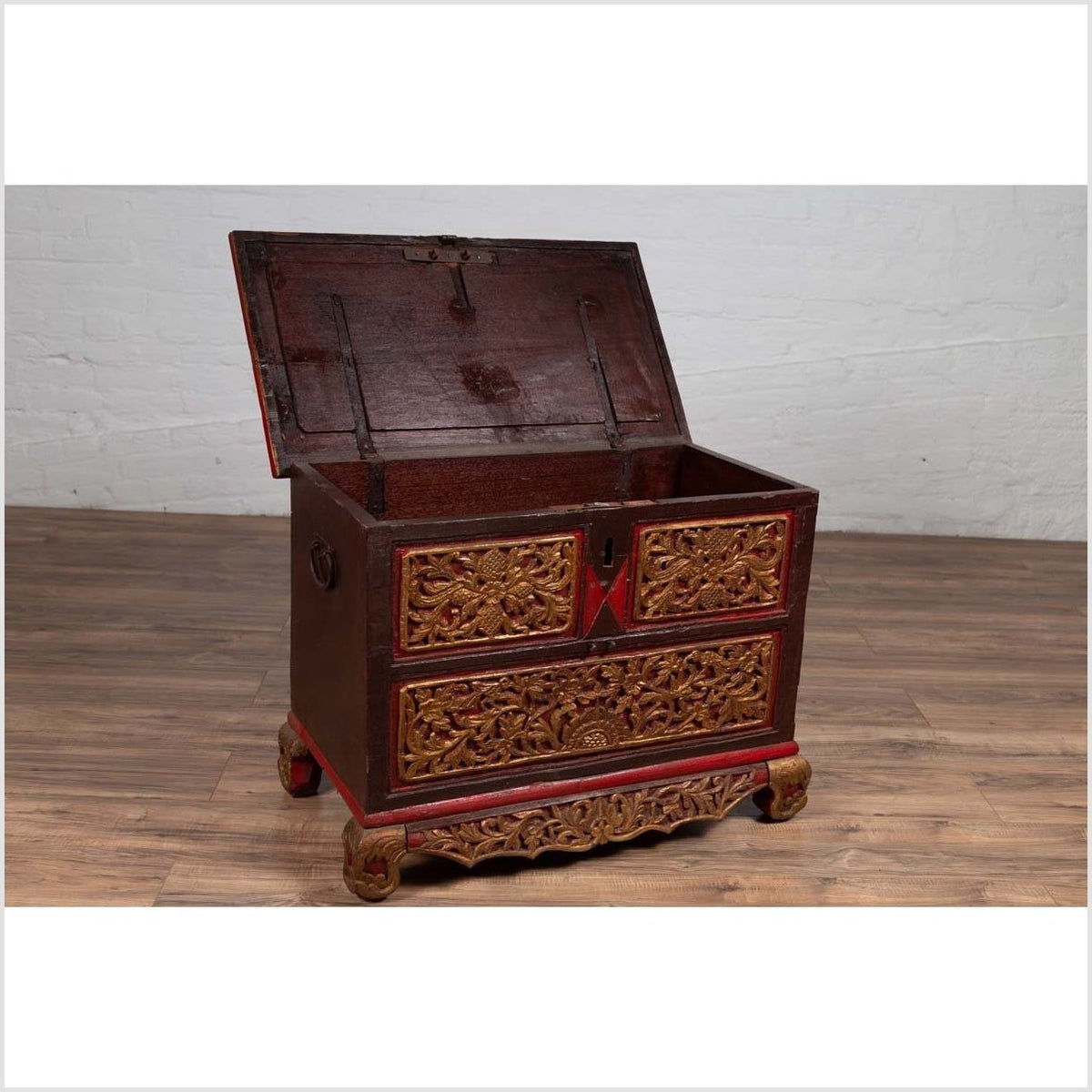 Antique Madura Hand Carved Wooden Blanket Chest with Red, Brown and Gilt Accents-5. Asian & Chinese Furniture, Art, Antiques, Vintage Home Décor for sale at FEA Home